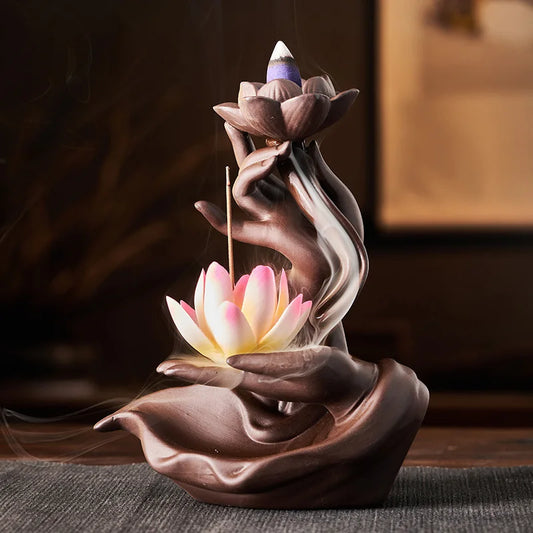 Quemador de incienso de mano de Buda Zen, quemador de incienso de reflujo, soporte de palo de flor de loto, adorno.