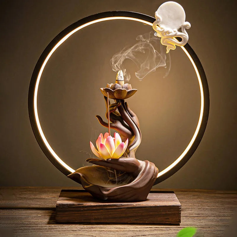 Quemador de incienso de mano de Buda Zen, quemador de incienso de reflujo, soporte de palo de flor de loto, adorno.