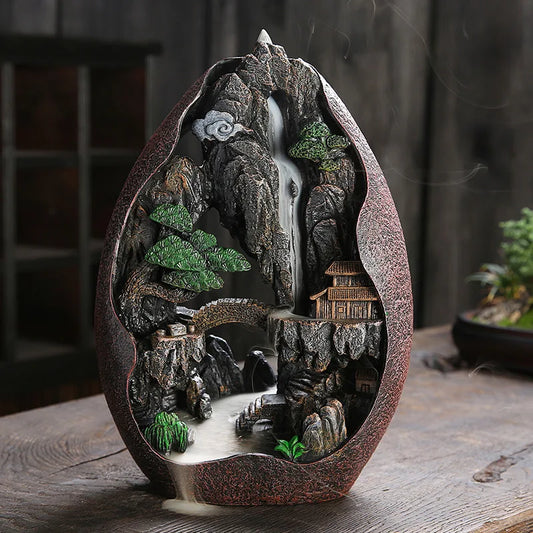 Quemador de incienso con reflujo de cascada de humo, decoración creativa para el hogar, incensario portátil de resina, artesanía de montaña y río.