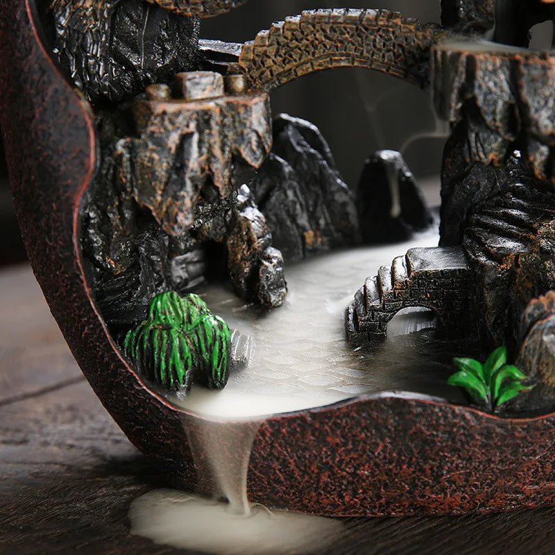 Quemador de incienso con reflujo de cascada de humo, decoración creativa para el hogar, incensario portátil de resina, artesanía de montaña y río.