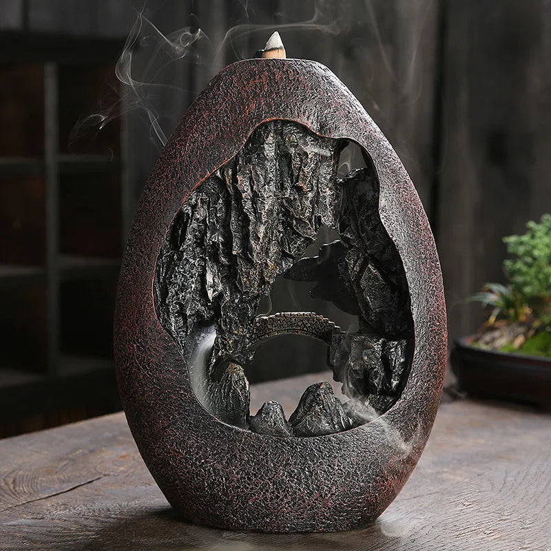 Quemador de incienso con reflujo de cascada de humo, decoración creativa para el hogar, incensario portátil de resina, artesanía de montaña y río.
